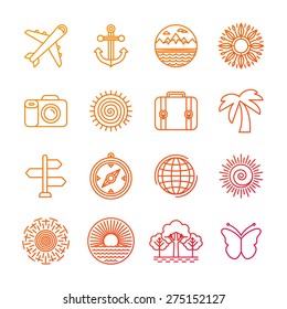 Vector set of linear icons related to summer and travel - holiday and vacation signs