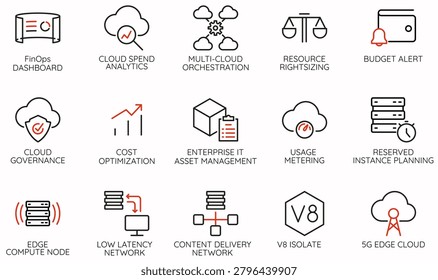 Vector Set of Linear Icons Related to Cloud Computing, Edge Technology, Cloud Spend Analytics, Resource Rightsizing. Mono line pictograms and infographics design elements