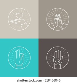 Vector set of linear icons related to religion and praying - hands and finger signs and symbols