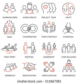 Vector set of linear icons related to business process, team work and human resource management. Mono line pictograms and infographics design elements