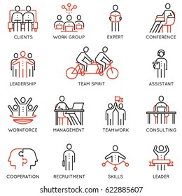 Vector set of linear icons related to collaboration, cooperation, team work and human resource management. Mono line pictograms and infographics design elements 