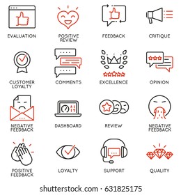 Vector Set Of Linear Icons Related to Feedback, Review and Customer Relationship Management. Mono Line Pictograms and Infographics Design Elements