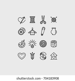 Vector set of linear icons related to handmade and hand craft - emblems and illustrations for all types of goods made with love manually by artists, tailors, designers and crafters