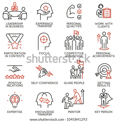 Vector set of linear icons related to skills, empowerment leadership development and qualities of a leader. Mono line pictograms and infographics design elements - part 5