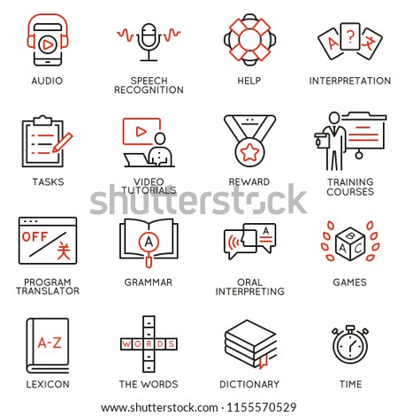 Vector set of linear icons related to language translation, studying and interpretation, translation service. Mono line pictograms and infographics design elements