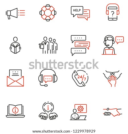 Vector set of linear icons related to support, help and online assistant. Mono line pictograms and infographics design elements