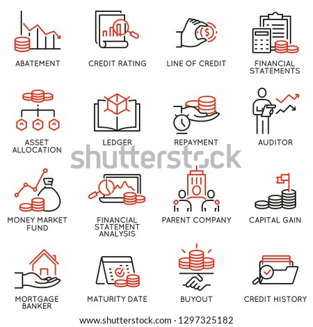 Vector set of linear icons related to investment, financial advice and business management. Mono line pictograms and infographics design elements - part 1