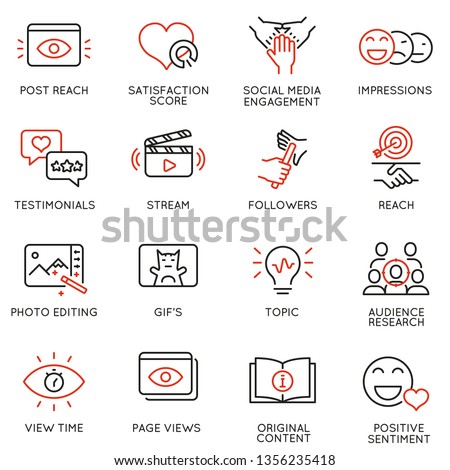 Vector set of linear icons related to  influence marketing and social media promotion services. Mono line pictograms and infographics design elements - part 2