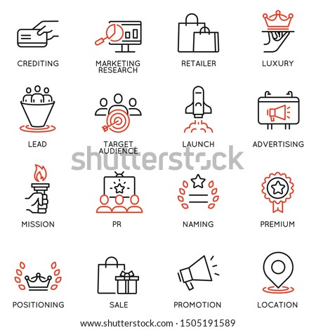 Vector set of linear icons related to business management process, advertising promotion and marketing. Mono line pictograms and infographics design elements - 10