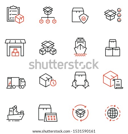 Vector set of linear icons related to order, collect, delivery and receipt of goods. Mono line pictograms and infographics design elements 