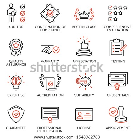 Vector set of linear icons related to approvement, accreditation, quality check and affirmation. Mono line pictograms and infographics design elements