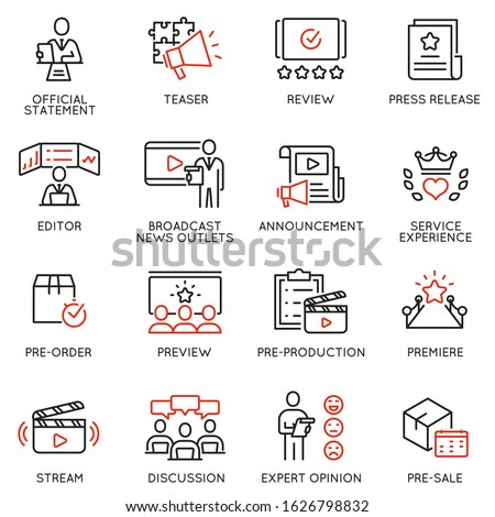 Vector set of linear icons related to announcement, pre-order, preview and discussion. Mono line pictograms and infographics design elements