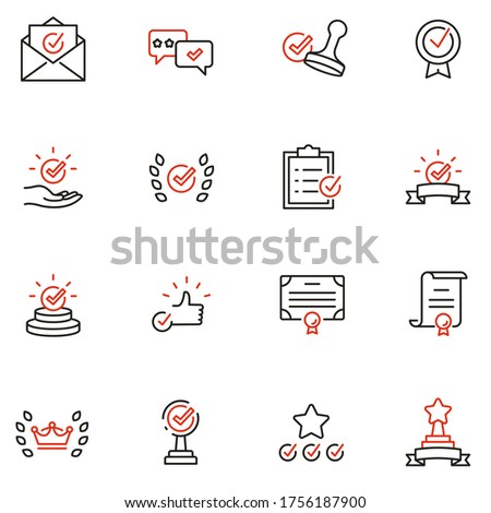 Vector Set of Linear Icons Related to Approvement, Accreditation, Quality Check and Affirmation. Mono Line Pictograms and Infographics Design Elements - part 2