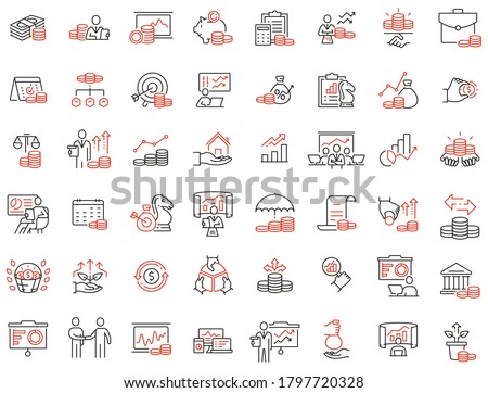 Vector set of linear icons related to finance management, trade service and investment strategy. Mono line pictograms and infographics design elements