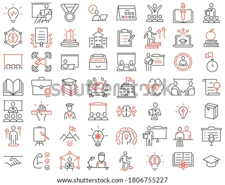 Vector Set of Linear Icons Related to Educational Process, Training, Tutorship and Remote Online Education.  Mono Line Pictograms and Infographics Design Elements