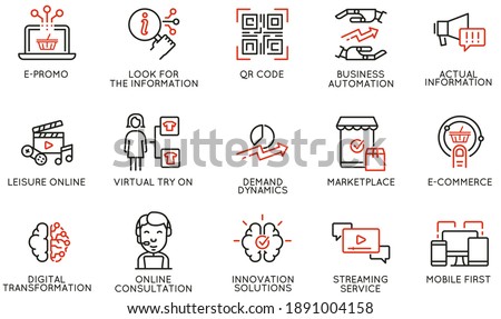 Vector Set of Linear Icons Related to Business Automation, Convenience of Purchasing Products, Change in Demand and Digital Transformation. Mono Line Pictograms and Infographics Design Elements