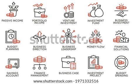 Vector Set of Linear Icons Related to Business investment, Trade Service, Investment Strategy and Finance Manegement. Mono Line Pictograms and Infographics Design Elements