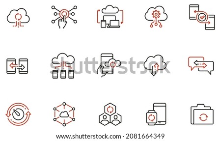 Vector set of linear icons related to network cloud service, cloud storage, 
data transfer and synchronization. Mono line pictograms and infographics design elements 
