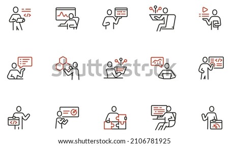 Vector set of linear icons related to  work with digital technology, online business, development, programming and engineering. Mono line pictograms and infographics design elements - part 2