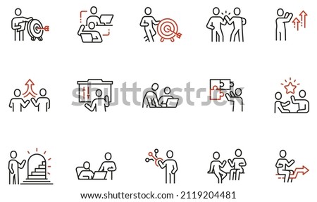 Vector set of linear icons related to business leadership, relationship, human resource management, cooperation and team work. Mono line pictograms and infographics design elements - part 3