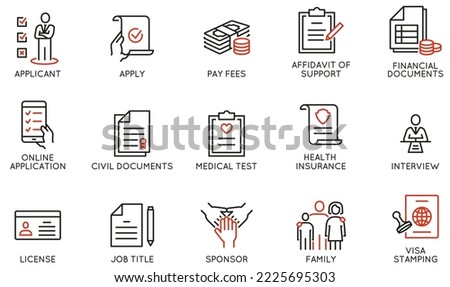Vector set of linear icons related to emigration process and required documents. Mono line pictograms and infographics design elements 