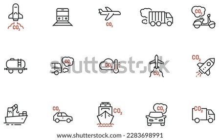 Vector Set of Linear Icons Related to Increasing Transport Pollution. Emission of Carbon Dioxide. Mono Line Pictograms and Infographics Design Elements 