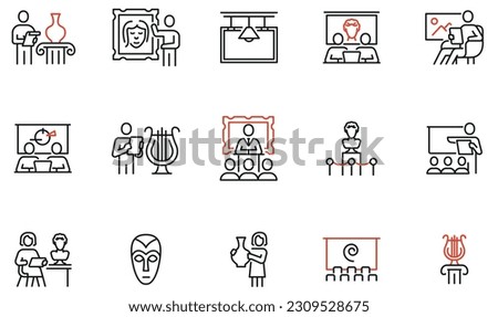 Vector Set of Linear Icons Related to Art Presentation, Educational Lecture, Seminar and Auction. Mono Line Pictograms and Infographics Design Elements 