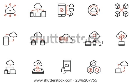 Vector set of linear icons related to network cloud service, cloud storage, data transfer and synchronization. Mono line pictograms and infographics design elements - part 2