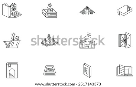 Vector Set of Linear Icons Related to Book is ike a Magic Door to New Knowledge, Book Archive, Education and Learning. Mono line pictograms and infographics design elements