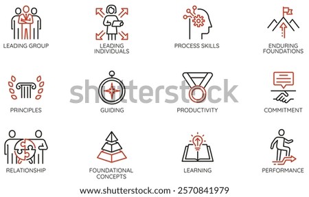 Vector Set of Linear Icons Related to Personal Growth, Leadership Traits, Foundational Skills. Mono line pictograms and infographics design elements