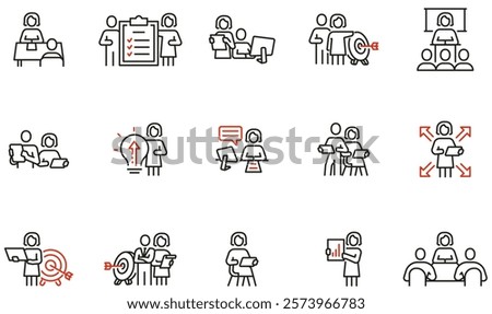 Vector Set of Linear Icons Related to Leadership and Businesswoman, Partnership and Business Relationship. Mono line pictograms and infographics design elements