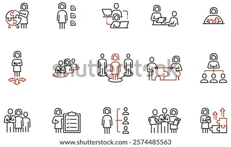 Vector Set of Linear Icons Related to Business Structure, Corporate Hierarchy, Project Management and Organization process. Mono line pictograms and infographics design elements