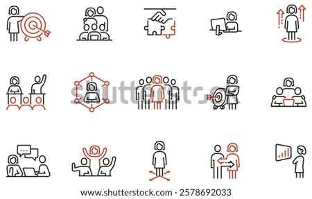 Vector Set of Linear Icons Related to Business Management, Female Leadership and Solutions. Mono line pictograms and infographics design elements