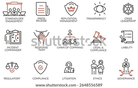 Vector set of linear icons related to Crisis  and Reputation Management, Risk Identification, Emergency Response, Recovery for Infographics, Websites and Strategic Decision-making - part 3
