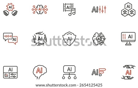 Vector set of linear icons related to neural networks,  AI integration, automation, digital innovation for technology presentations, apps, websites and infographics - part 3