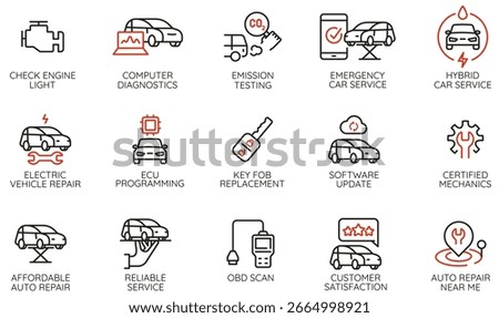 Vector set of linear icons related to automotive service, car repair, maintenance, engine diagnostics for websites, mobile apps, infographics, car service, garages - part 3