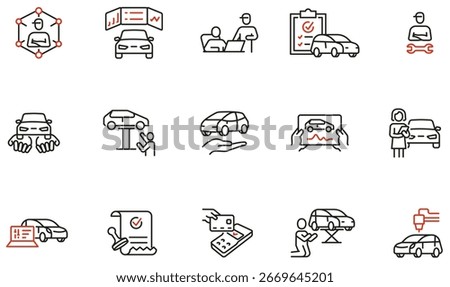 Vector set of linear icons related to car diagnostics, maintenance, inspection, repair services, automotive software for use in mobile apps, websites, infographics, and automotive UI UX design