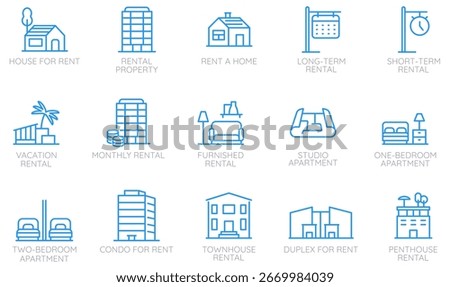 Vector set of linear icons related to rental properties, housing, amenities  for use in real estate websites, mobile apps, housing market presentations, infographics - part 1