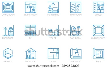 Vector set of linear icons related to interior design, home furnishing, architectural planning, engeenering for real estate websites, construction companies, decor apps, architectural presentations