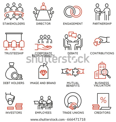 Vector set of linear icons related to business process, team work, human resource management and stakeholders. Mono line pictograms and infographics design elements