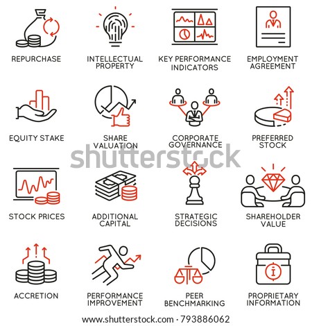 Vector set of linear icons related to business process, team work, human resource management and stakeholders. Mono line pictograms and infographics design elements - part 4