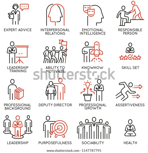 Vector set of\
linear icons related to skills, empowerment leadership development\
and qualities of a leader. Mono line pictograms and infographics\
design elements - part\
6