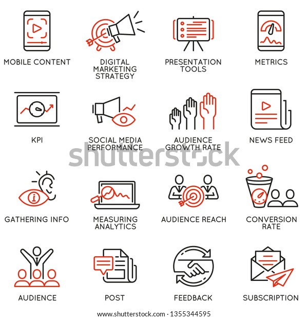 Vector set of linear icons\
related to  influence marketing and social media promotion\
services. Mono line pictograms and infographics design elements -\
part 1\
