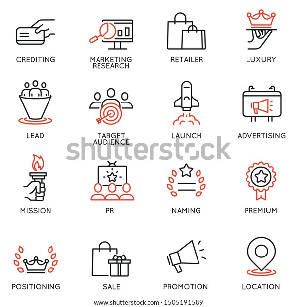 Vector set of linear\
icons related to business management process, advertising promotion\
and marketing. Mono line pictograms and infographics design\
elements - 10