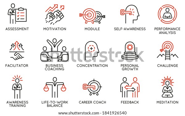 Vector Set of Linear Icons\
Related to Coaching, Career Development and Striving for\
Self-Realization. Mono Line Pictograms and Infographics Design\
Elements 