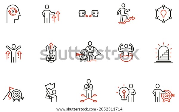 Vector set\
of linear icons related to assertiveness, striving for development,\
self-realization and career progress. Mono line pictograms and\
infographics design\
elements\

