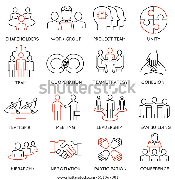 Vector set of linear icons related to\
business process, team work and human resource management. Mono\
line pictograms and infographics design\
elements