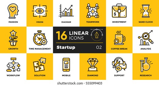 Conjunto vetorial de ícones lineares para o negócio de inicialização. Ícones modernos de alta qualidade para impressão, site e apresentação