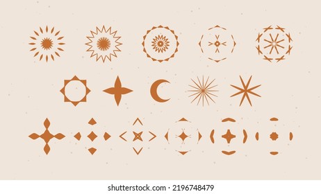 Vector set of linear icons and symbols - stars, moon, sun - abstract design elements for decoration or logo design templates in modern minimalist style