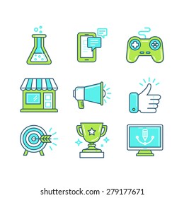 Vector set of linear icons in trendy style - tools and metaphors related to marketing process - business concepts